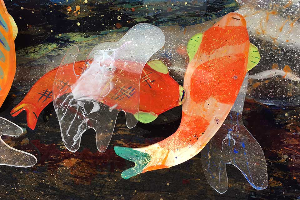Close-up of acrylic koi fish on Color Me Orange&mdash;Color Me Kind