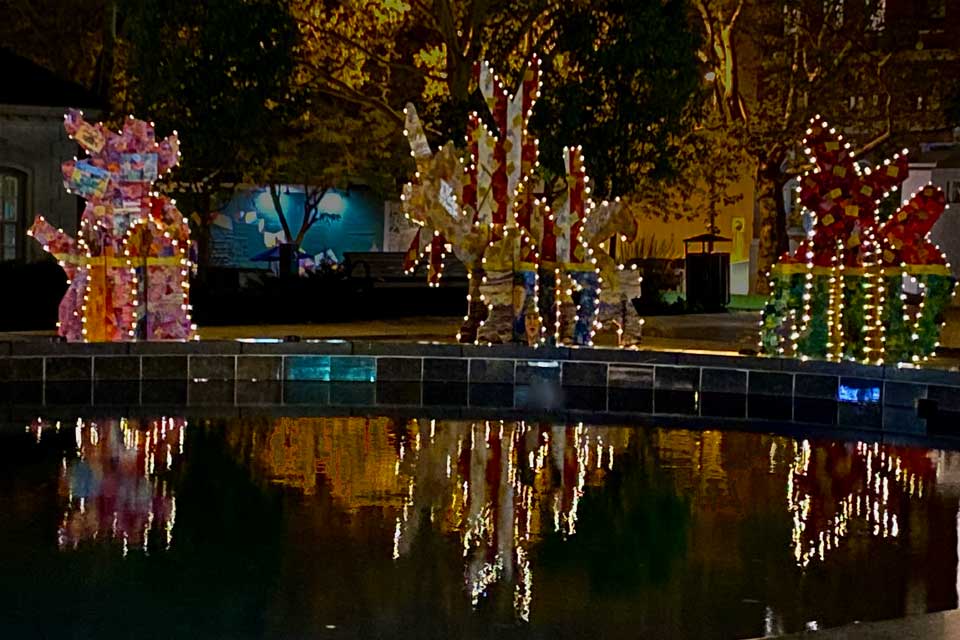 Yellow Ribbon at night in Veterans Memorial Park during ArtPrize 2021