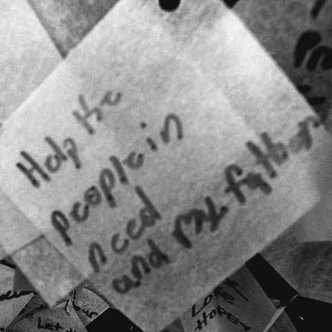 Close-up of hand written Wall of Hope card